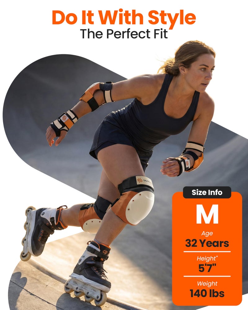 SKATEWIZ Knee and Elbow Pads Adult - Skating Protective Gear Adult - Shield - Size M/L Orange - Skateboard Pads with Wrist Guards for Inline Skates, Roller Skate - Ice Skates for Women - Image 5