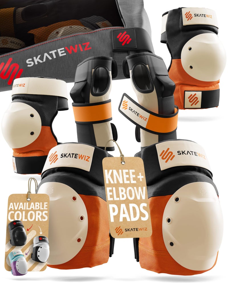 SKATEWIZ Knee and Elbow Pads Adult - Skating Protective Gear Adult - Shield - Size M/L Orange - Skateboard Pads with Wrist Guards for Inline Skates, Roller Skate - Ice Skates for Women - Image 1
