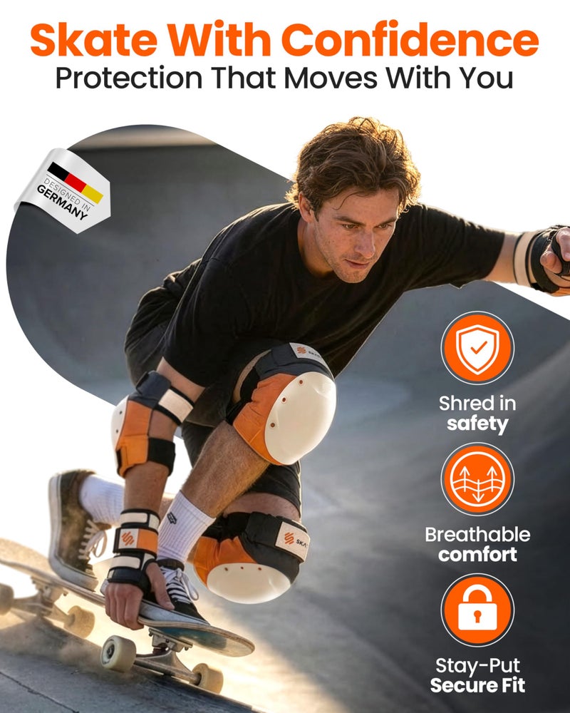 SKATEWIZ Knee and Elbow Pads Adult - Skating Protective Gear Adult - Shield - Size M/L Orange - Skateboard Pads with Wrist Guards for Inline Skates, Roller Skate - Ice Skates for Women - Image 2