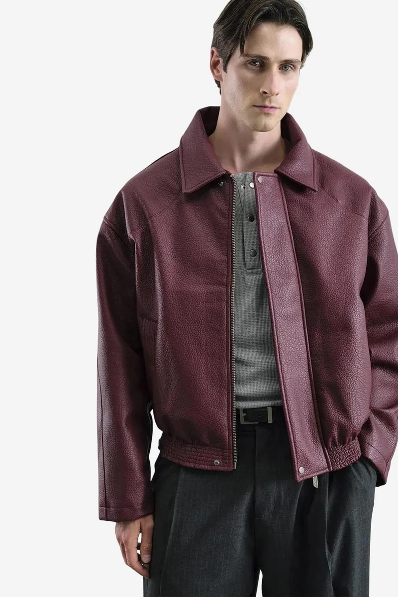 GIESTO Textured Faux Leather Jacket with Zipper and Pocket