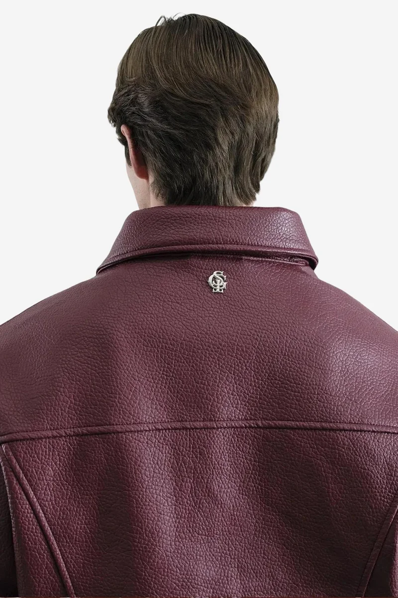 Giesto Burgundy Red GIESTO Textured Faux Leather Jacket with Zipper and Pocket for Men | Best Price UAE