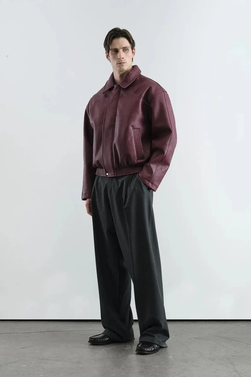 Giesto Burgundy Red GIESTO Textured Faux Leather Jacket with Zipper and Pocket for Men | Best Price UAE