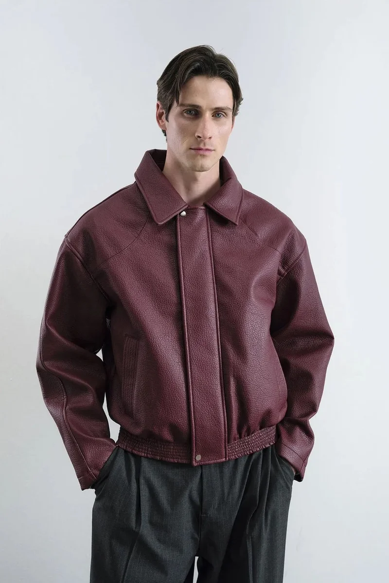 Giesto Burgundy Red GIESTO Textured Faux Leather Jacket with Zipper and Pocket for Men | Best Price UAE