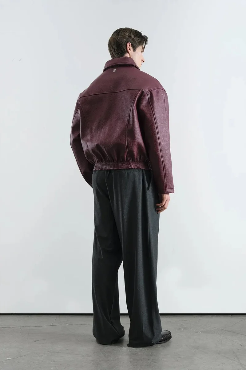 Giesto Burgundy Red GIESTO Textured Faux Leather Jacket with Zipper and Pocket for Men | Best Price UAE