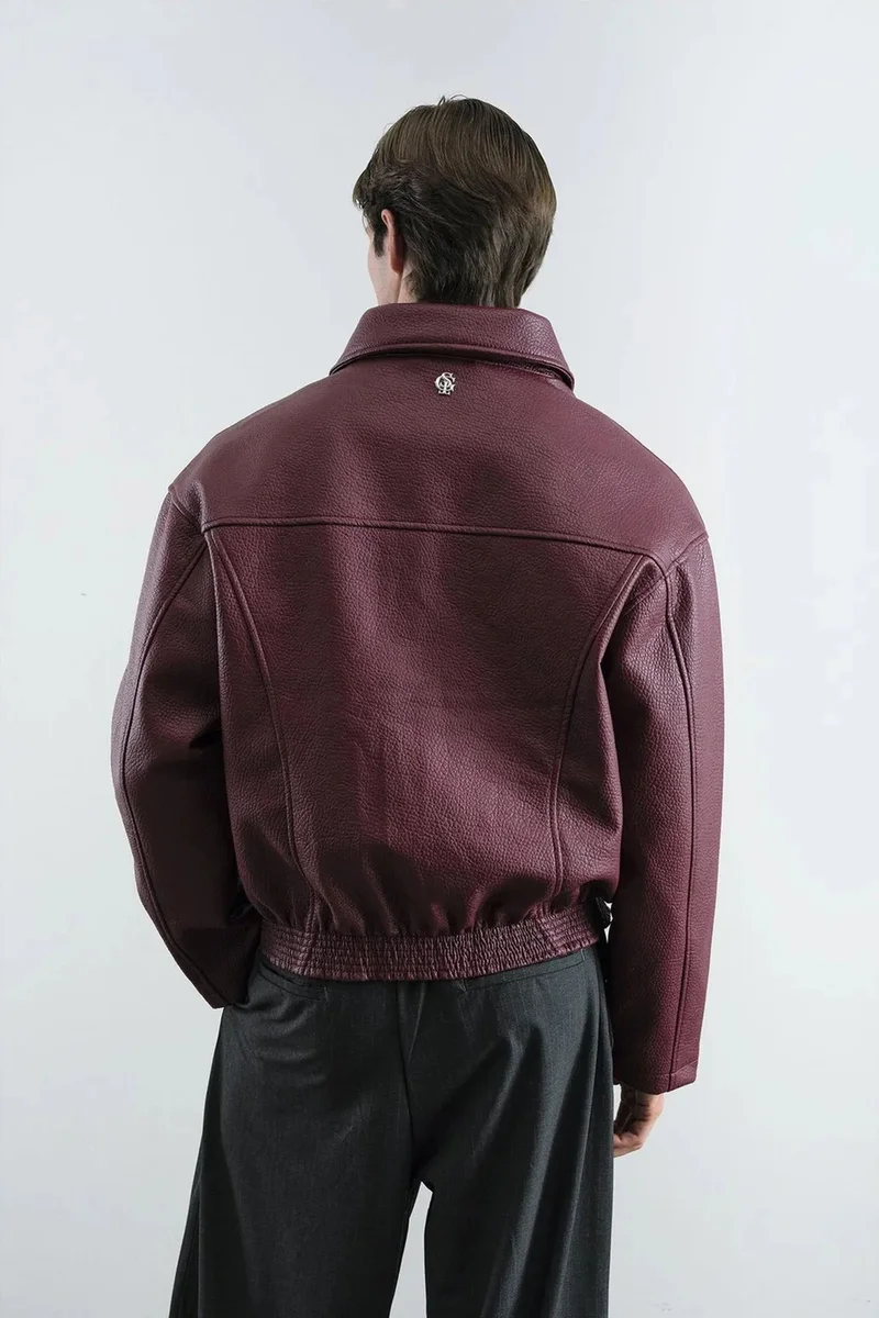 Giesto Burgundy Red GIESTO Textured Faux Leather Jacket with Zipper and Pocket for Men | Best Price UAE