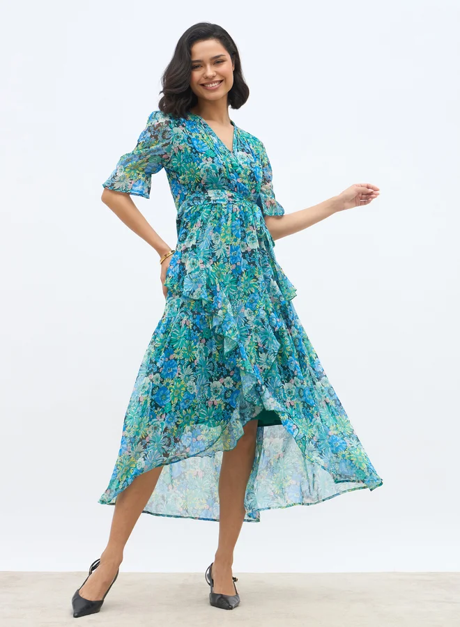 Styli Styli All-Over Floral Print Ruffle Trim Chiffon A-Line Maxi Dress