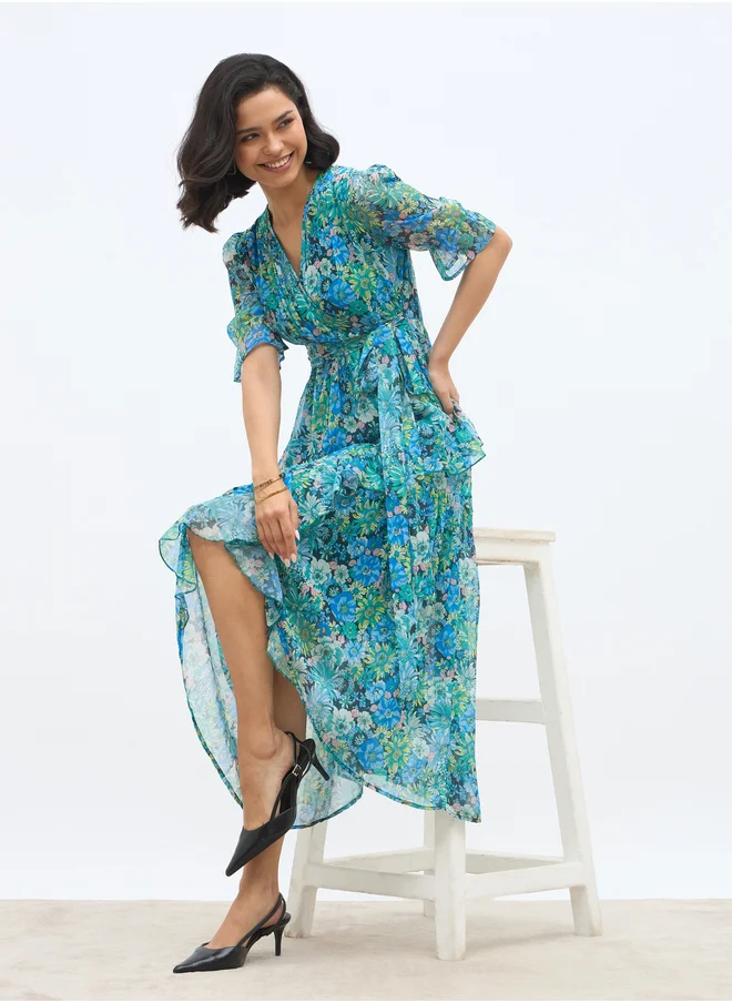 Styli Styli All-Over Floral Print Ruffle Trim Chiffon A-Line Maxi Dress