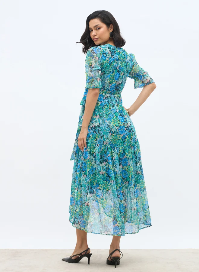 Styli Styli All-Over Floral Print Ruffle Trim Chiffon A-Line Maxi Dress