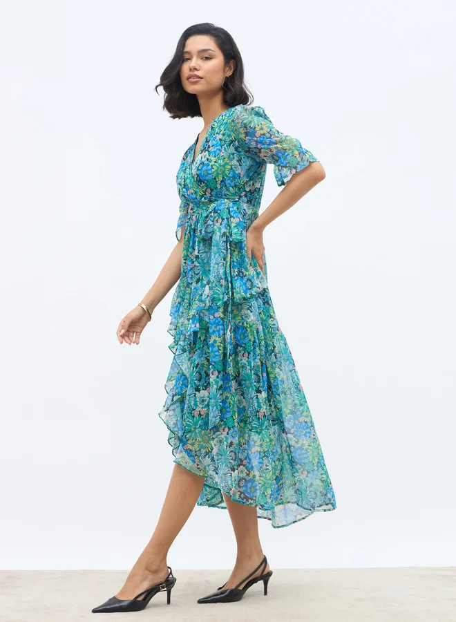 Styli Styli All-Over Floral Print Ruffle Trim Chiffon A-Line Maxi Dress