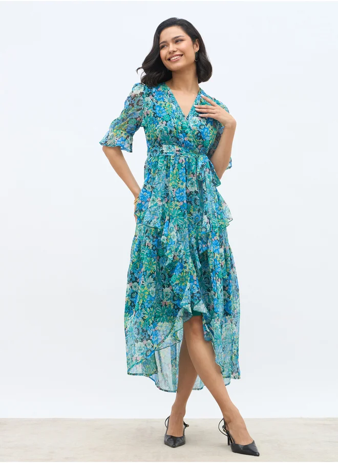 Styli Styli All-Over Floral Print Ruffle Trim Chiffon A-Line Maxi Dress