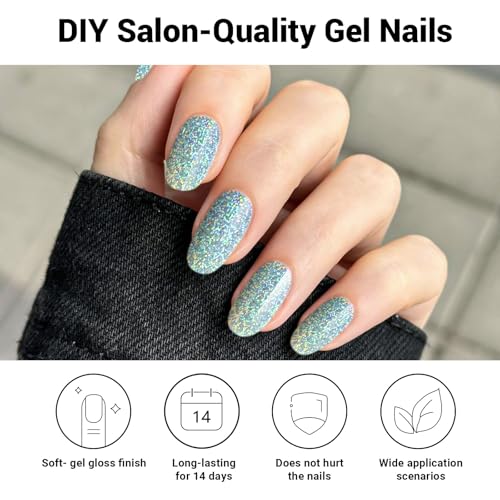 DUKASOU Semi Cured Gel Nail Strips, Silver Glitter | 28pcs Gel Nail Stickers Work with Any uv lamp, Nail Art Wraps for Women Girls, Includes Prep Pads, NailFile & Wood Stick - Image 2