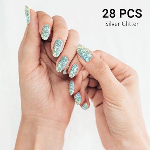 DUKASOU Semi Cured Gel Nail Strips, Silver Glitter | 28pcs Gel Nail Stickers Work with Any uv lamp, Nail Art Wraps for Women Girls, Includes Prep Pads, NailFile & Wood Stick - Image 5