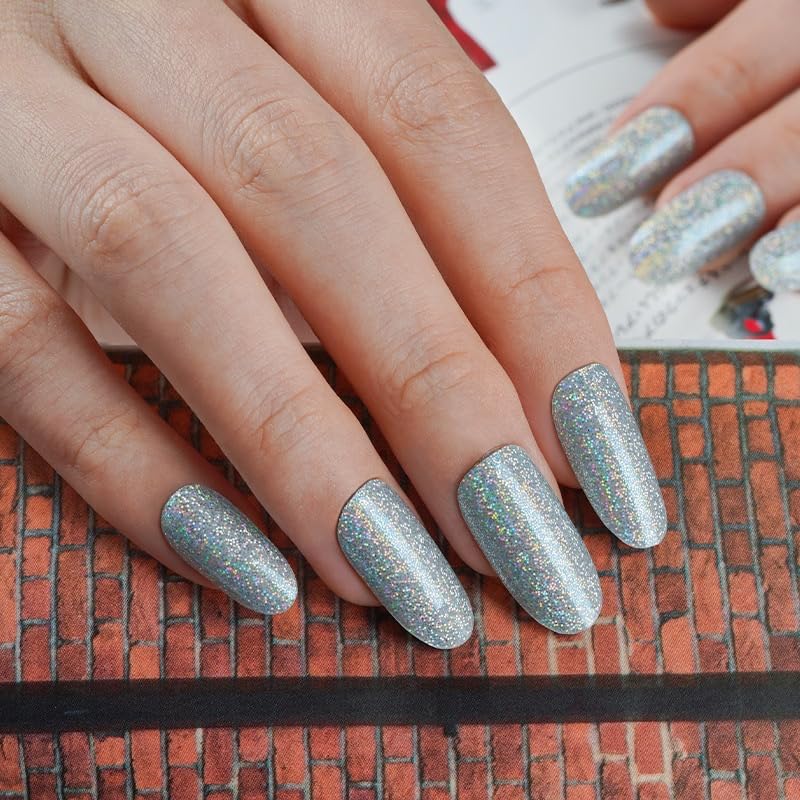 DUKASOU Semi Cured Gel Nail Strips, Silver Glitter | 28pcs Gel Nail Stickers Work with Any uv lamp, Nail Art Wraps for Women Girls, Includes Prep Pads, NailFile & Wood Stick - Image 4