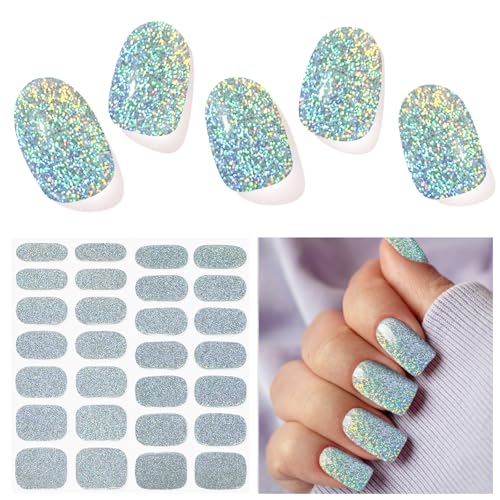 DUKASOU Semi Cured Gel Nail Strips, Silver Glitter | 28pcs Gel Nail Stickers Work with Any uv lamp, Nail Art Wraps for Women Girls, Includes Prep Pads, NailFile & Wood Stick - Image 1
