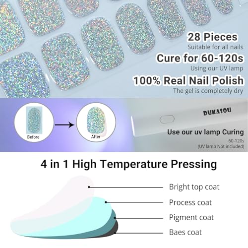 DUKASOU Semi Cured Gel Nail Strips, Silver Glitter | 28pcs Gel Nail Stickers Work with Any uv lamp, Nail Art Wraps for Women Girls, Includes Prep Pads, NailFile & Wood Stick - Image 3