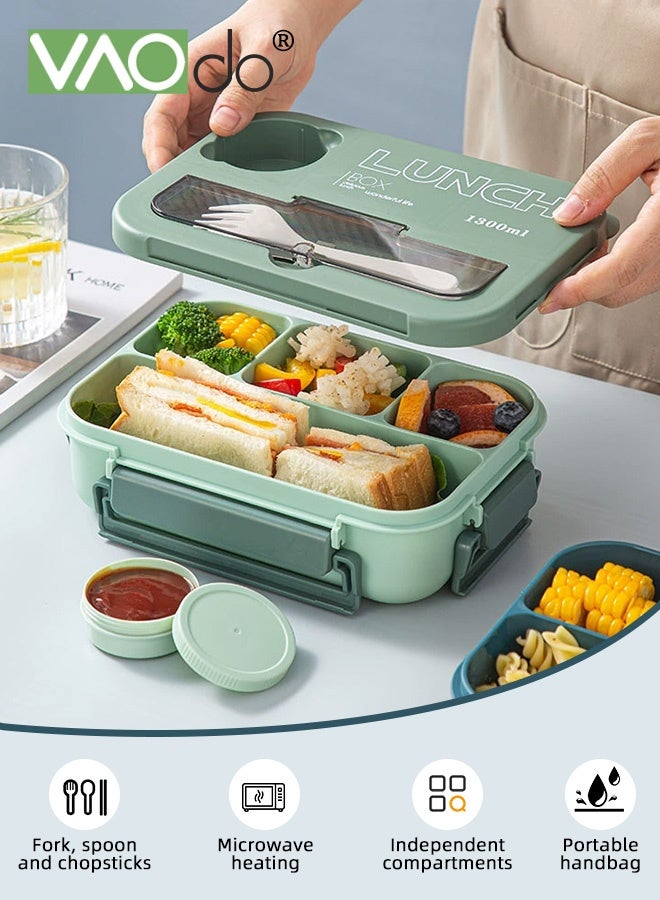 فاو دو 3 قطع صندوق غداء بينتو مع أدوات المائدة، صندوق غداء للكبار مع 4 حجرات وحاوية صلصة واحدة، خالٍ من مادة BPA، آمن للاستخدام في الميكروويف وغسالة الصحون للمنزل المدرسة والمكتب باللون الأخضر - Image 2