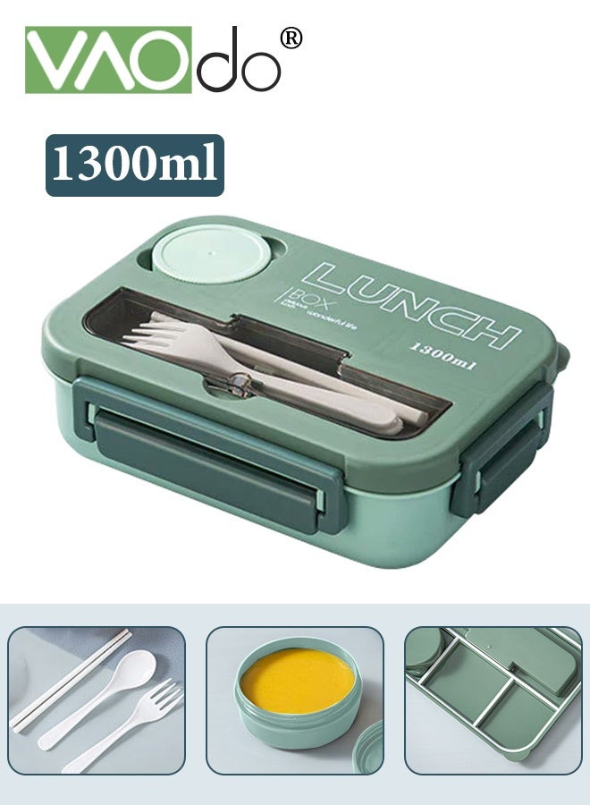 فاو دو 3 قطع صندوق غداء بينتو مع أدوات المائدة، صندوق غداء للكبار مع 4 حجرات وحاوية صلصة واحدة، خالٍ من مادة BPA، آمن للاستخدام في الميكروويف وغسالة الصحون للمنزل المدرسة والمكتب باللون الأخضر - Image 1