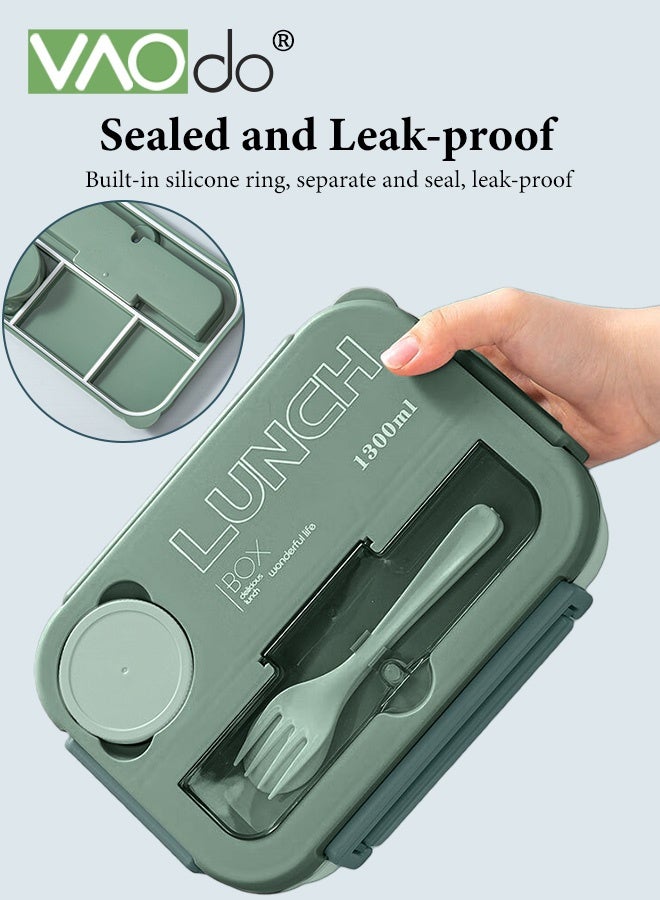 فاو دو 3 قطع صندوق غداء بينتو مع أدوات المائدة، صندوق غداء للكبار مع 4 حجرات وحاوية صلصة واحدة، خالٍ من مادة BPA، آمن للاستخدام في الميكروويف وغسالة الصحون للمنزل المدرسة والمكتب باللون الأخضر - Image 4