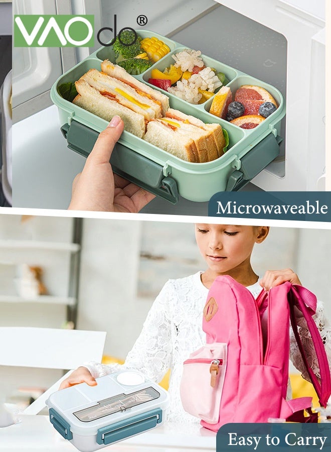 فاو دو 3 قطع صندوق غداء بينتو مع أدوات المائدة، صندوق غداء للكبار مع 4 حجرات وحاوية صلصة واحدة، خالٍ من مادة BPA، آمن للاستخدام في الميكروويف وغسالة الصحون للمنزل المدرسة والمكتب باللون الأخضر - Image 5