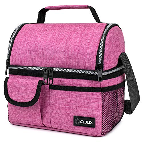opux Lunch Bag Women Insulated Adult Lunch Box Cooler Lunch Box for Men Dual Compartment Lunchbox for Work Leakproof Double Decker Lunch Bag Soft Lunch Pail Tote Girls Boys Kids School Pink