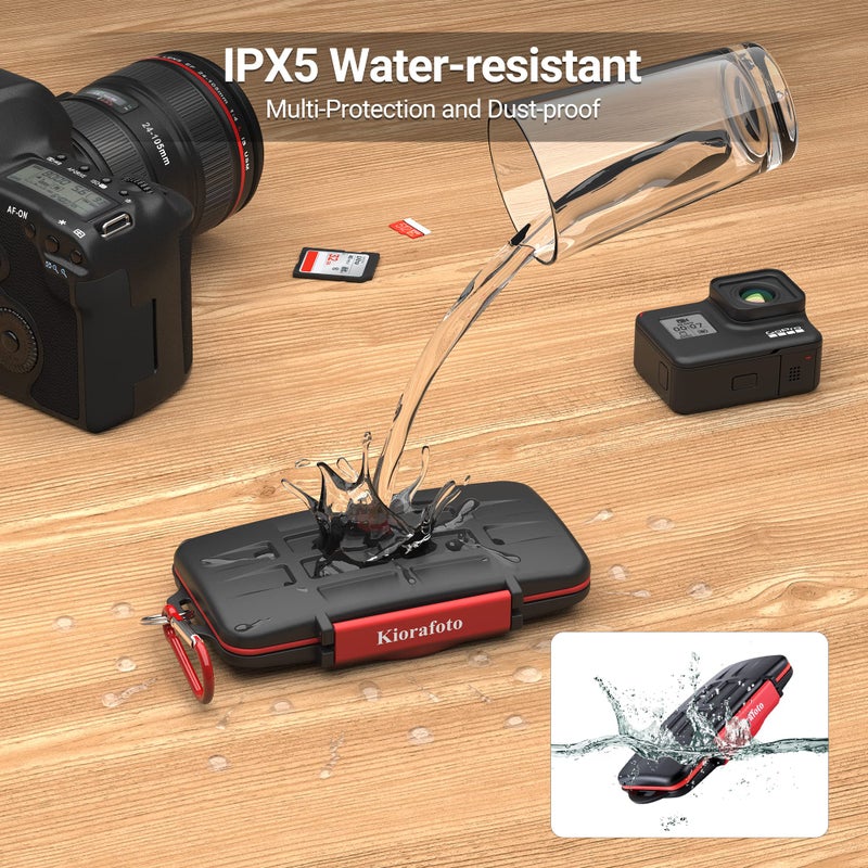 Kiorafoto Professional IPX5 Water-Resistant Anti-Shock Holder Storage SD SDHC SDXC TF MSD Memory Card Case Protector with Carabiner for 12 SD Cards & 12 Micro SD Cards - Image 3