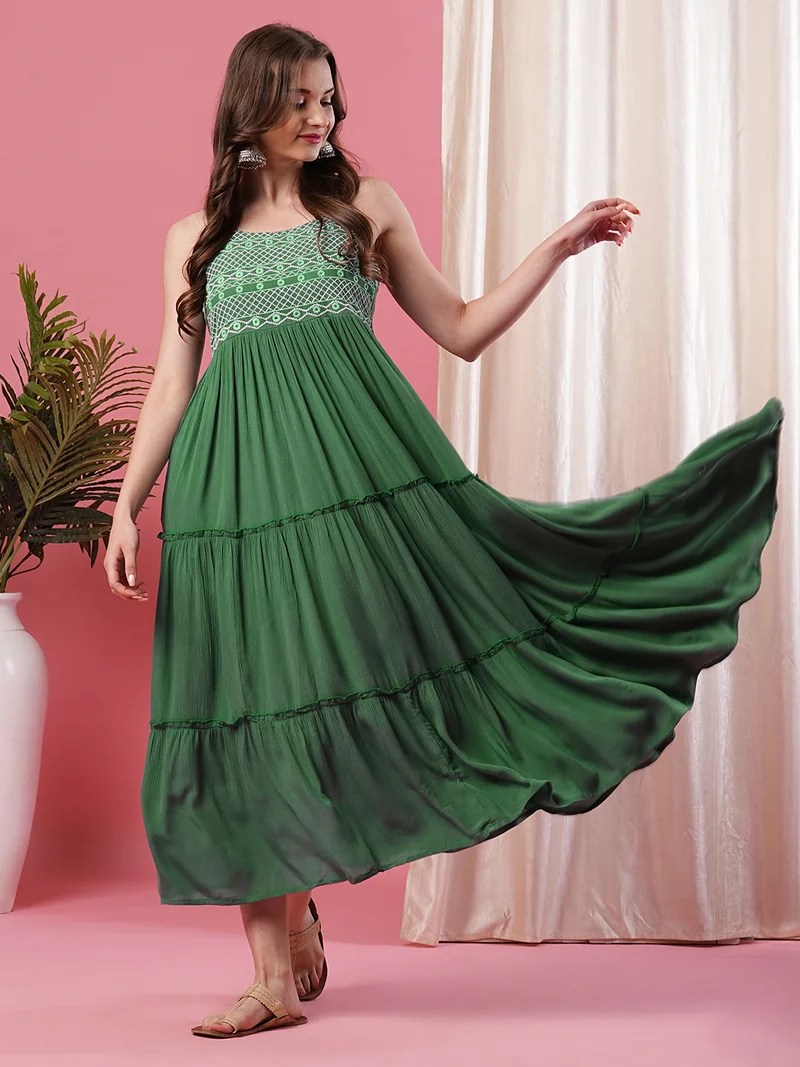 Women Green Ethnic Motifs Embroidered Tiered A-Line Midi Ethnic Dress