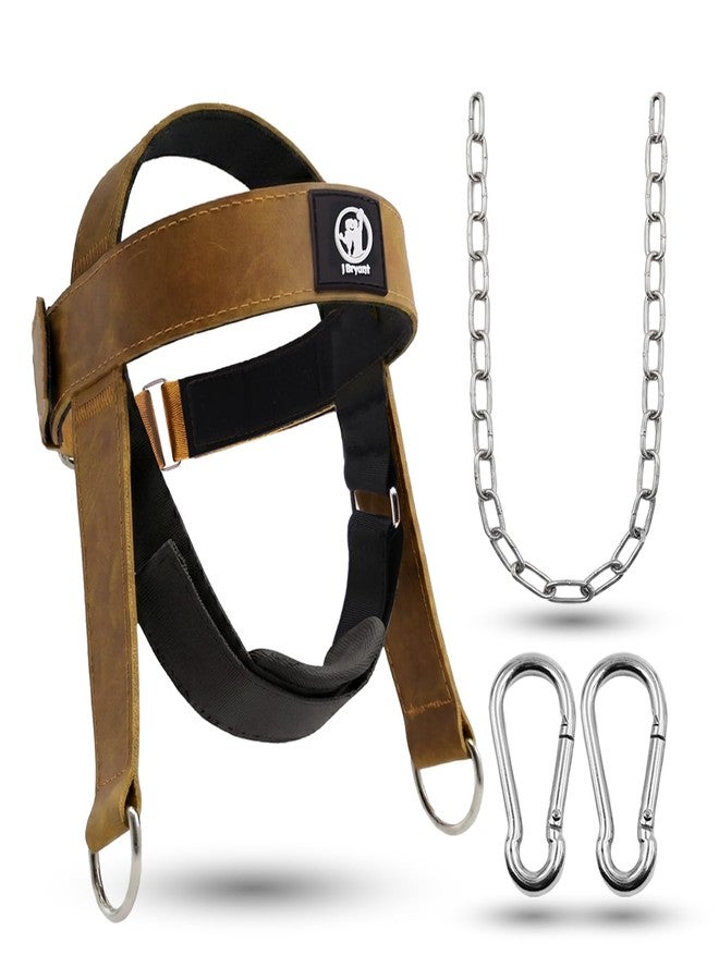 J Bryant Leather Neck Harness for Weight Lifting – Adjustable Head Strap with Heavy-Duty Steel Chain & Microfiber Padding – Neck Exerciser for Bodybuilding, Boxers & Gym Workout (Brown) - Image 1