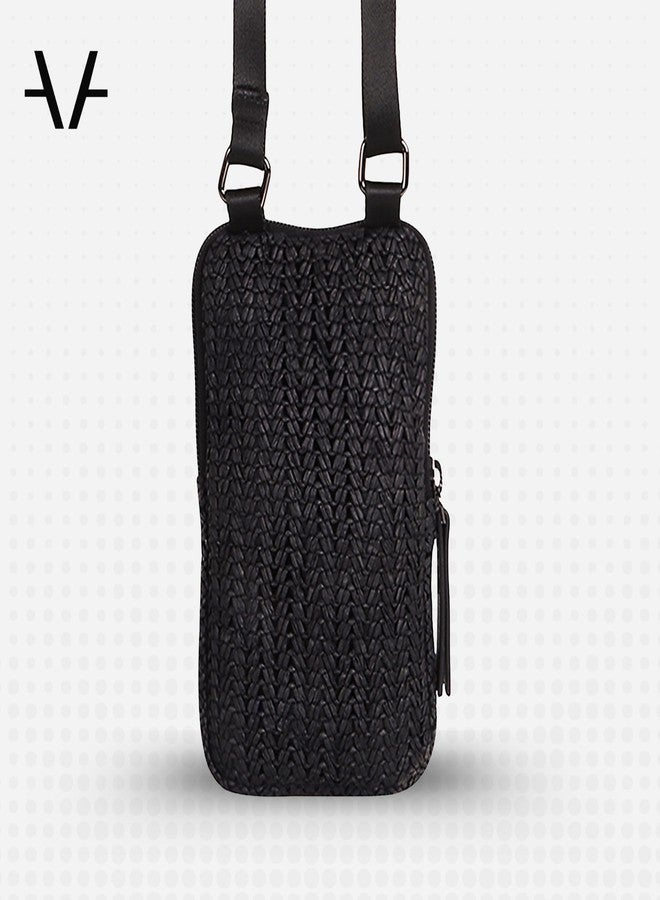 Avake Zenith Vegan Mobile Pouch - Black Raffia Weave with Leather Accents | Lightweight & Durable Crossbody Phone Bag | Sleek Everyday Mobile Sling for Women - Image 3