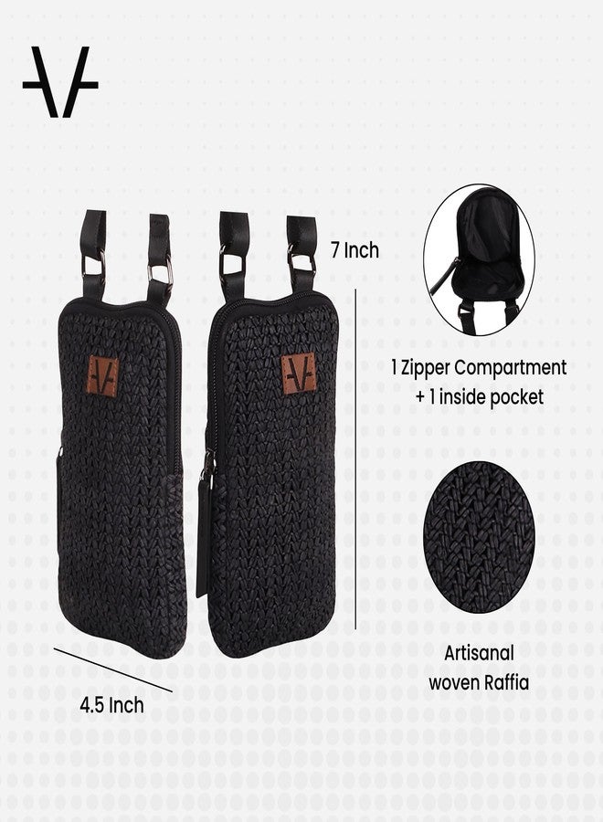 Avake Zenith Vegan Mobile Pouch - Black Raffia Weave with Leather Accents | Lightweight & Durable Crossbody Phone Bag | Sleek Everyday Mobile Sling for Women - Image 5