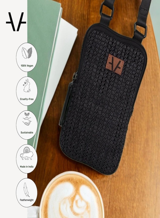 Avake Zenith Vegan Mobile Pouch - Black Raffia Weave with Leather Accents | Lightweight & Durable Crossbody Phone Bag | Sleek Everyday Mobile Sling for Women - Image 4