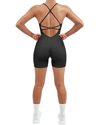 SUUKSESS Women Strappy Romper Workout Yoga Seamless One Piece Jumpsuit Tummy Control Padded Sports Bra (Black, M) - Image 5
