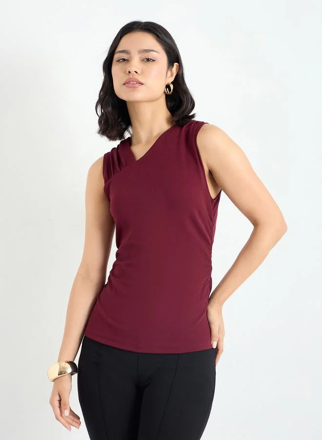 Styli Styli Women Burgundy Sleeveless Textured Knit Top