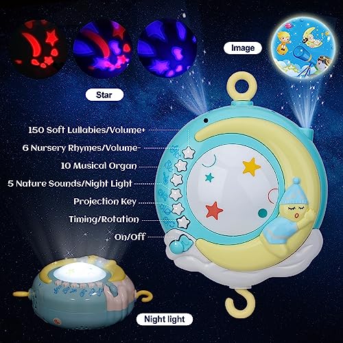 Mini Tudou Baby Musical Crib Mobile with Timing Function Projector Lights,Stand-Along Rattles and 150 Melodies Music Box with Remote Control for Newborn 0-24 Months - Image 4
