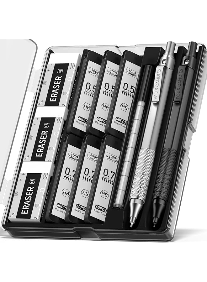 إيروريكس طقم أقلام رصاص ميكانيكية معدنية مكون من قطعتين مع حافظة، قلم رصاص فني مقاس 0.5 مم و0.7 مم مع 6 أنابيب، 360 قطعة من أقلام الرصاص HB، 3 ممحاة، 9 ممحاة للكتابة والرسم باللونين الأسود والفضي - Image 1