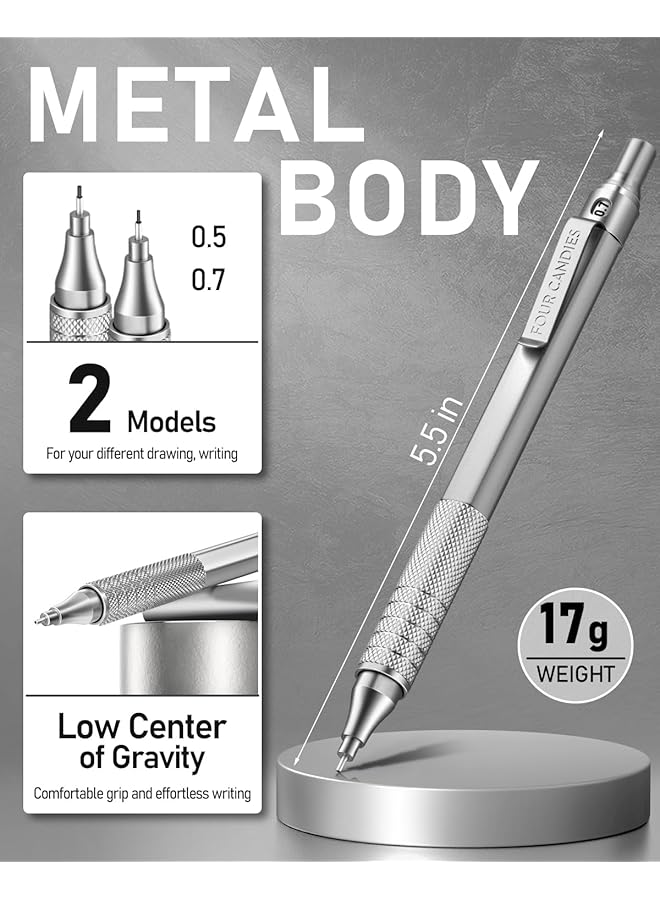 إيروريكس طقم أقلام رصاص ميكانيكية معدنية مكون من قطعتين مع حافظة، قلم رصاص فني مقاس 0.5 مم و0.7 مم مع 6 أنابيب، 360 قطعة من أقلام الرصاص HB، 3 ممحاة، 9 ممحاة للكتابة والرسم باللونين الأسود والفضي - Image 3