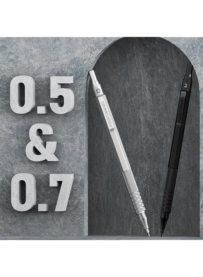 إيروريكس طقم أقلام رصاص ميكانيكية معدنية مكون من قطعتين مع حافظة، قلم رصاص فني مقاس 0.5 مم و0.7 مم مع 6 أنابيب، 360 قطعة من أقلام الرصاص HB، 3 ممحاة، 9 ممحاة للكتابة والرسم باللونين الأسود والفضي - Image 4