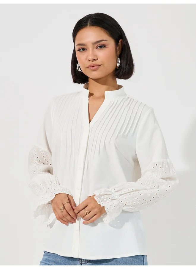Aria Romance ARIA ROMANCE Schiffli Insert Pintuck Detail Shirt