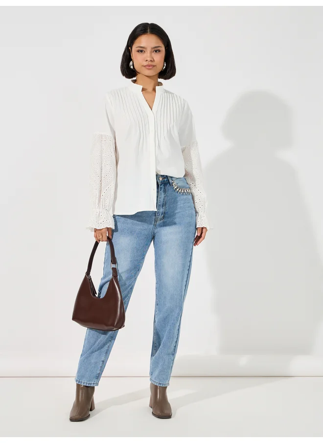 Aria Romance ARIA ROMANCE Schiffli Insert Pintuck Detail Shirt