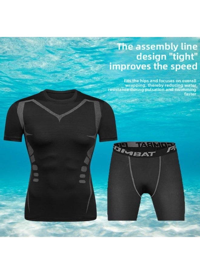 Generic - Swimsuit Men's Awkward-proof Five-point Swimming Trunks Short Body Men's Suit Hot Spring Equipment Diving-Color:(swimming Cap) 1369+530 Double Layer Black Shorts- - Image 1