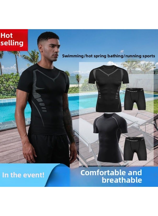 Generic - Swimsuit Men's Awkward-proof Five-point Swimming Trunks Short Body Men's Suit Hot Spring Equipment Diving-Color:(swimming Cap) 1369+530 Double Layer Black Shorts- - Image 1