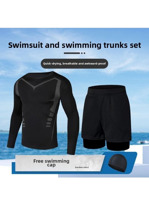 Swimsuit Men's Awkward-proof Five-point Swimming Trunks Short Body Men's Suit Hot Spring Equipment Diving-Color:(swimming Cap) 1369+530 Double Layer Black Shorts-