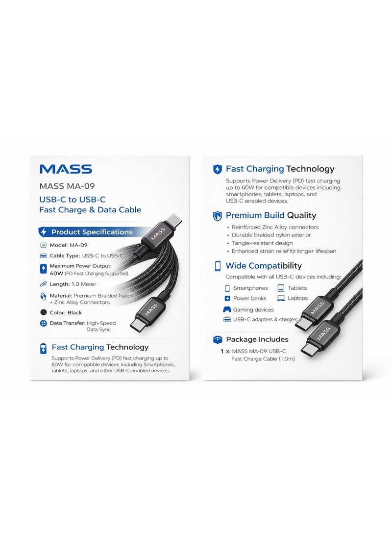 ماس كابل شحن سريع  60 واط MASS،(USB-C إلى USB-C)، طول 1 متر، موديل: MA-09، غلاف من سبائك الزنك المقاومة، نقل بيانات عالي الكفاءة بسرعة 480 ميجابت في الثانية - ضمان محلي لمدة عام - Image 3