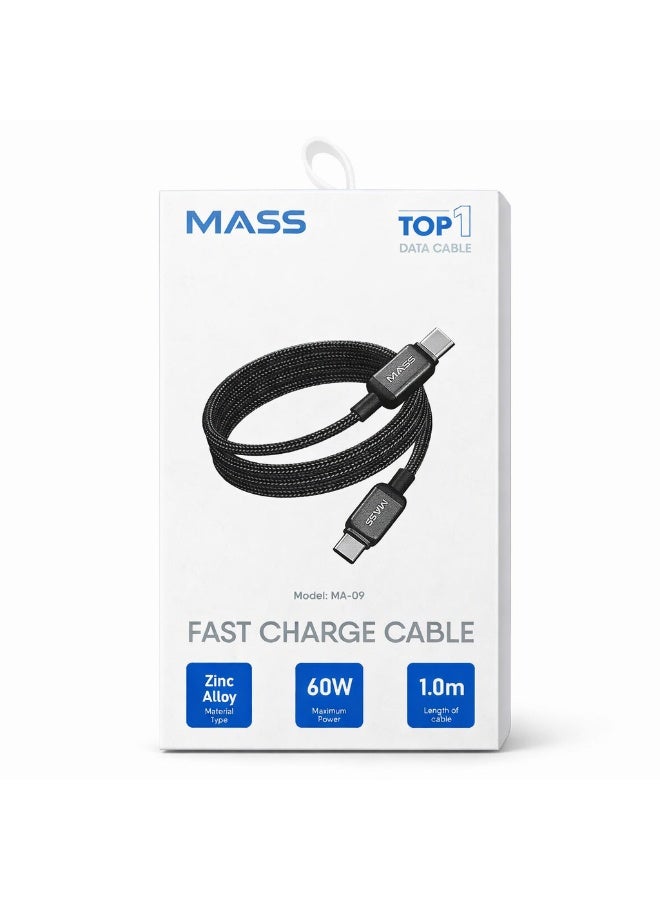 ماس كابل شحن سريع  60 واط MASS،(USB-C إلى USB-C)، طول 1 متر، موديل: MA-09، غلاف من سبائك الزنك المقاومة، نقل بيانات عالي الكفاءة بسرعة 480 ميجابت في الثانية - ضمان محلي لمدة عام - Image 1