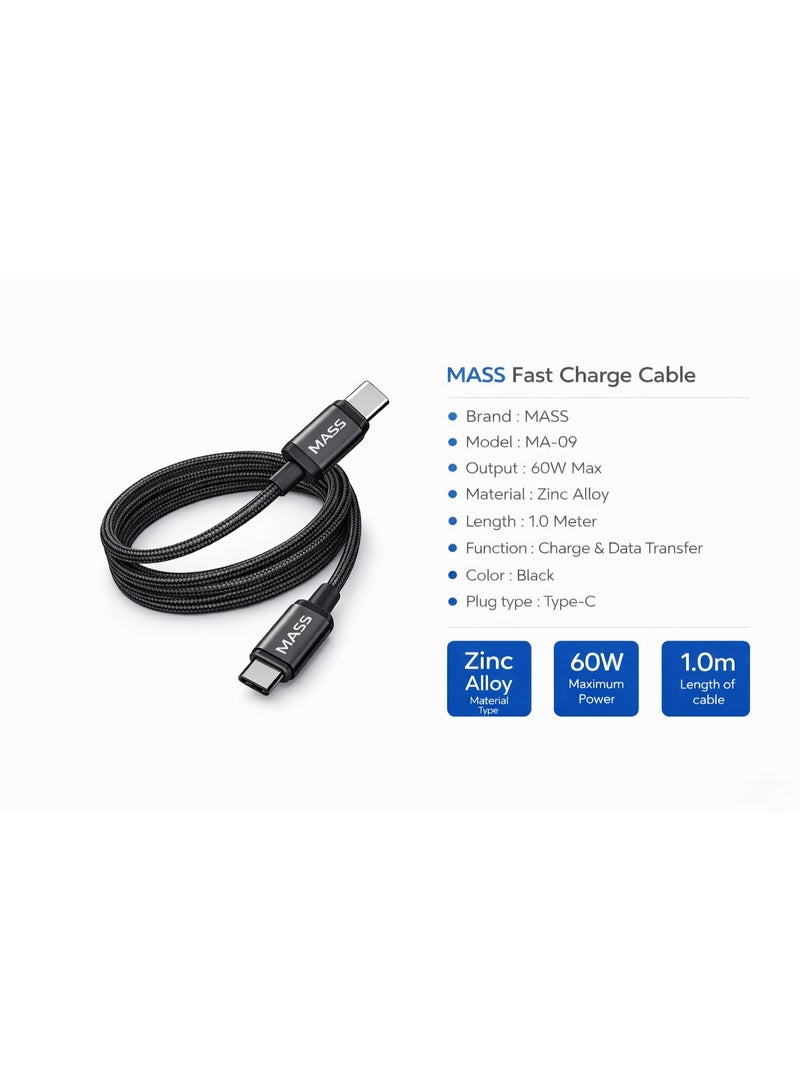 ماس كابل شحن سريع  60 واط MASS،(USB-C إلى USB-C)، طول 1 متر، موديل: MA-09، غلاف من سبائك الزنك المقاومة، نقل بيانات عالي الكفاءة بسرعة 480 ميجابت في الثانية - ضمان محلي لمدة عام - Image 4