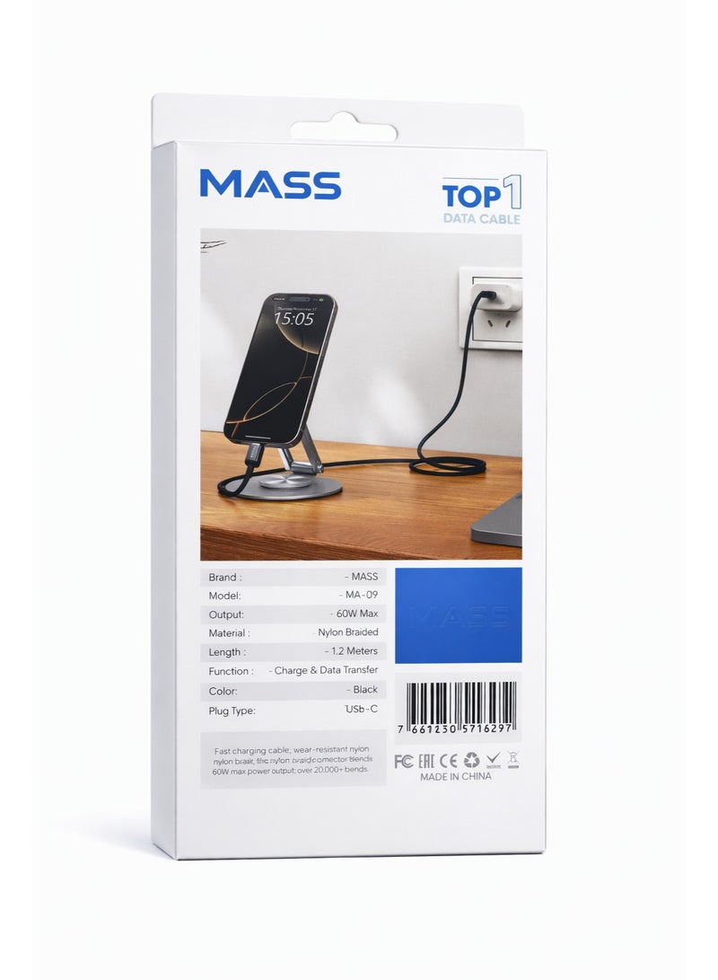 ماس كابل شحن سريع  60 واط MASS،(USB-C إلى USB-C)، طول 1 متر، موديل: MA-09، غلاف من سبائك الزنك المقاومة، نقل بيانات عالي الكفاءة بسرعة 480 ميجابت في الثانية - ضمان محلي لمدة عام - Image 2