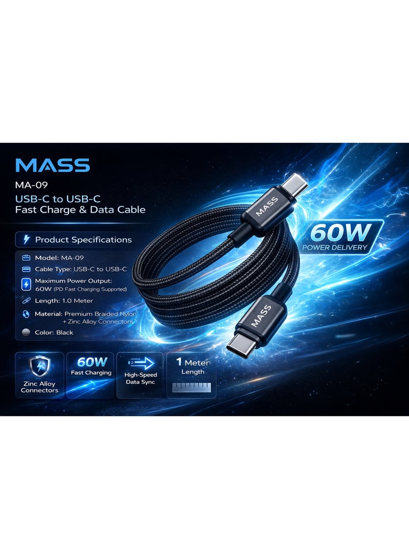 ماس كابل شحن سريع  60 واط MASS،(USB-C إلى USB-C)، طول 1 متر، موديل: MA-09، غلاف من سبائك الزنك المقاومة، نقل بيانات عالي الكفاءة بسرعة 480 ميجابت في الثانية - ضمان محلي لمدة عام - Image 5