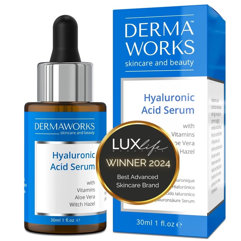 Hyaluronic Acid Serum for Face with Vitamin C  Plumping Hydrating and Brightening Anti Aging Skin Care  Facial Moisturiser and Eye Serum for Men and Women by DERMAWORKS Skincare  Beauty