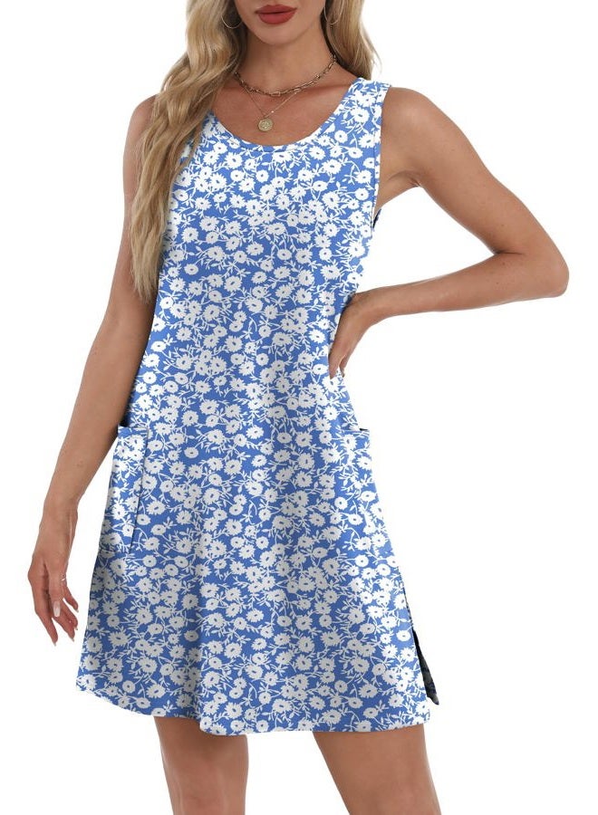 BKRIVE Coverup Summer Dresses for Women 2025 Eyelet Casual Loose Sleeveless Sundresses Tank Dresses with Pockets, Flora Blue White, XL - Image 3