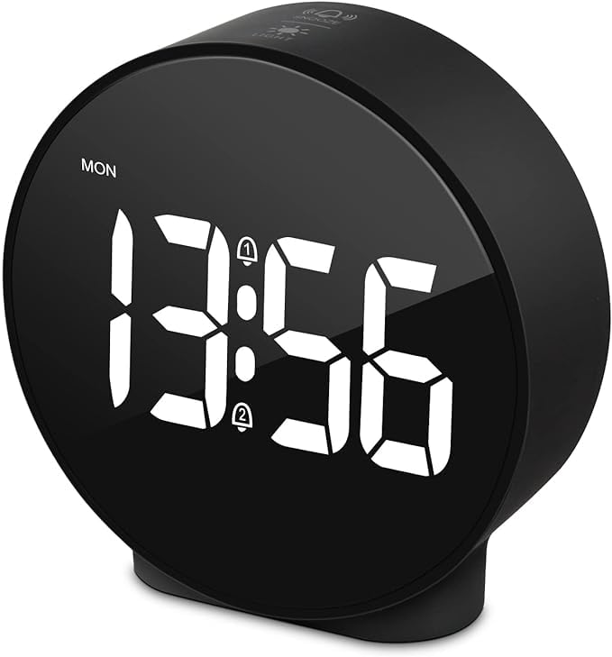 Brikipth Round Desktop Clock Wake Up Office Home Alarm LED Adjustable Brightness Night Mode Temperature Display Electronic Digital Clock Desktop Clock