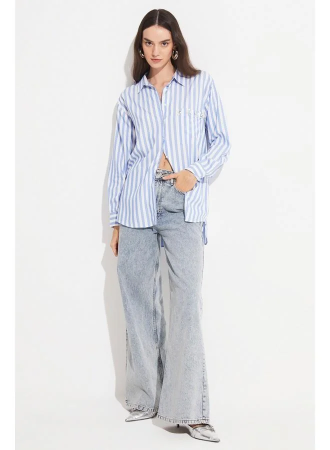 JUNE June Women Exclusive Regular Normal Fit Modal Blend Striped Shirt Blue